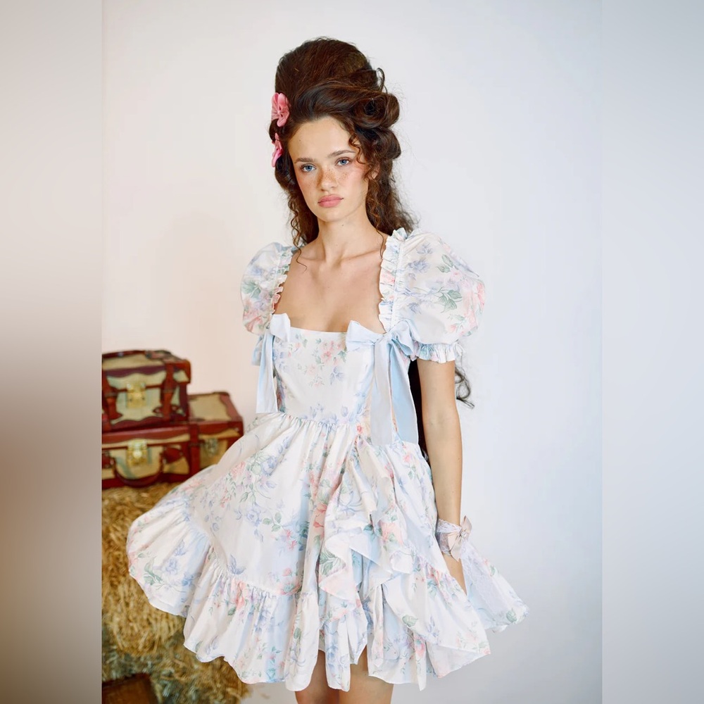 Selkie Floral Mrs. Darcy Buttercream Puff Sleeve Mini Dress